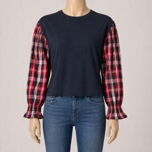 Tommy Hilfiger Plaid Sleeve Top Navy Sweatshirt XL